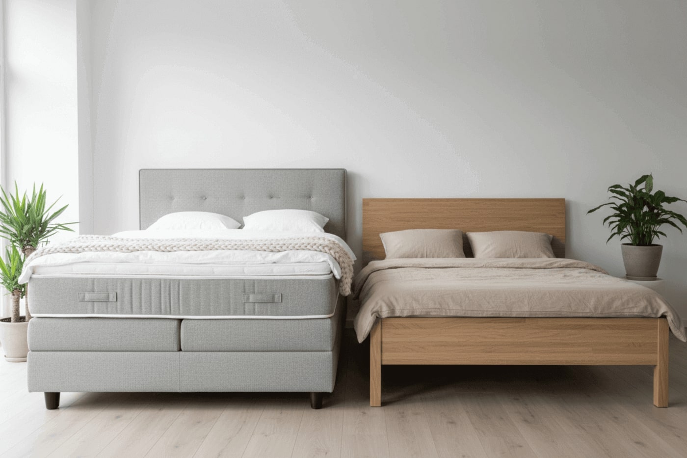 Een boxspring bed en een ledikant bed naast elkaar om te vergelijken