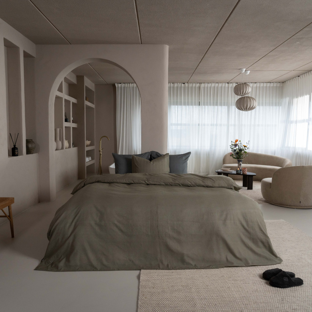 Kayori dekbedovertrek Rui Peached Twill – 100% katoen – olijfgroen